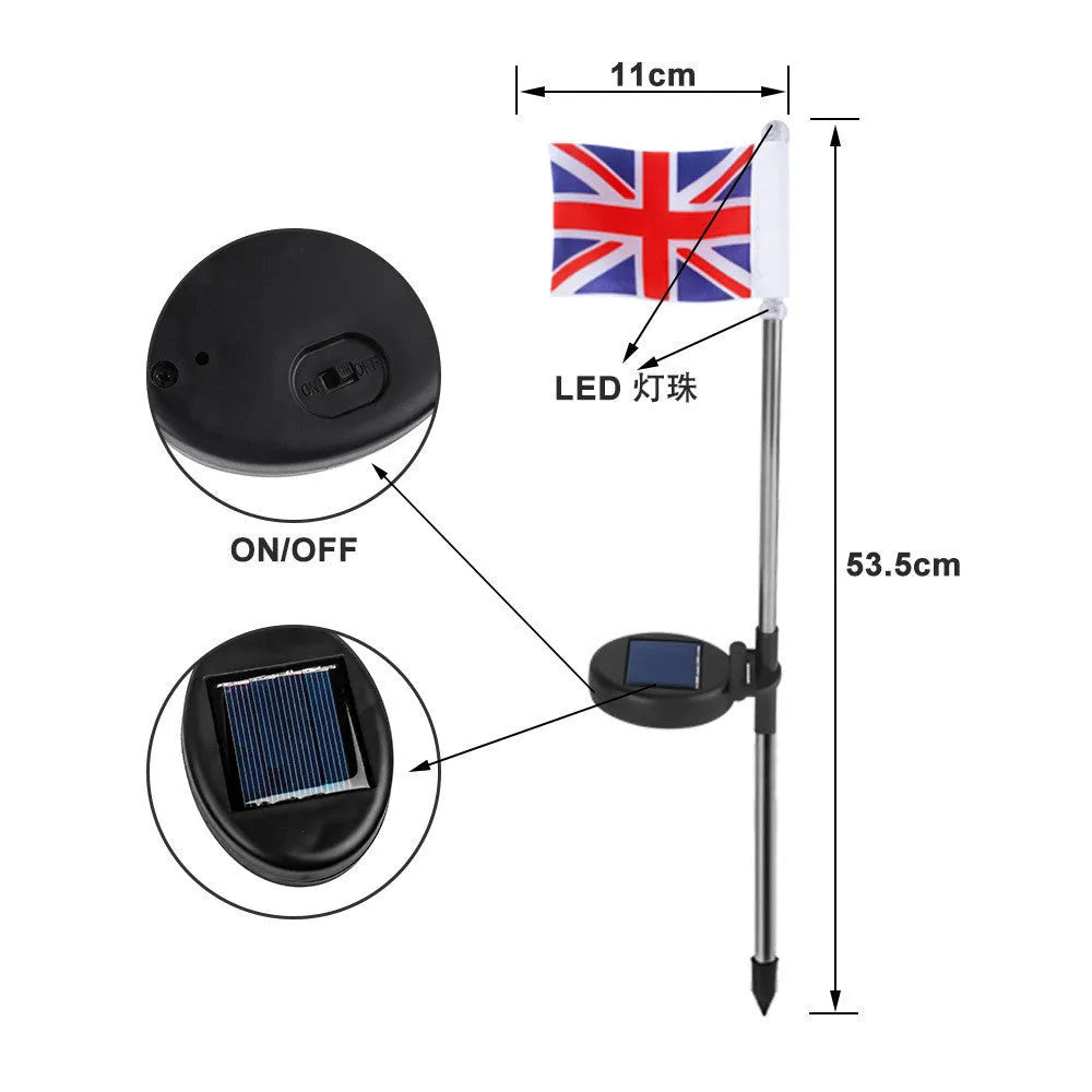 Solar garden flag light with American flag design on stainless steel stake