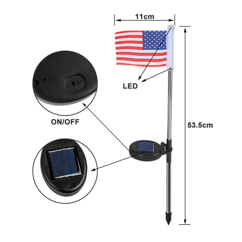 Solar garden flag light with American flag design on stainless steel stake