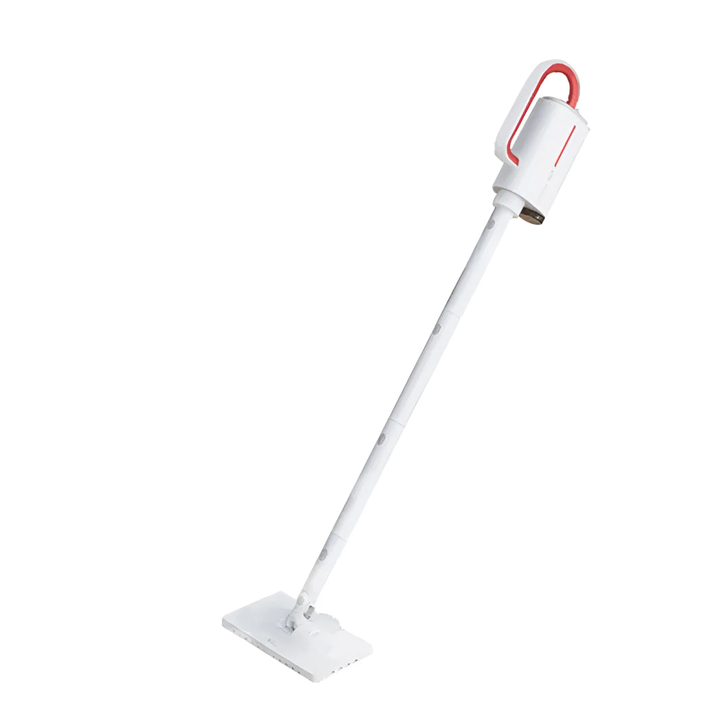 Deerma DEM-ZQ610 white steam cleaner main unit with brush heads and glass scraper attachments