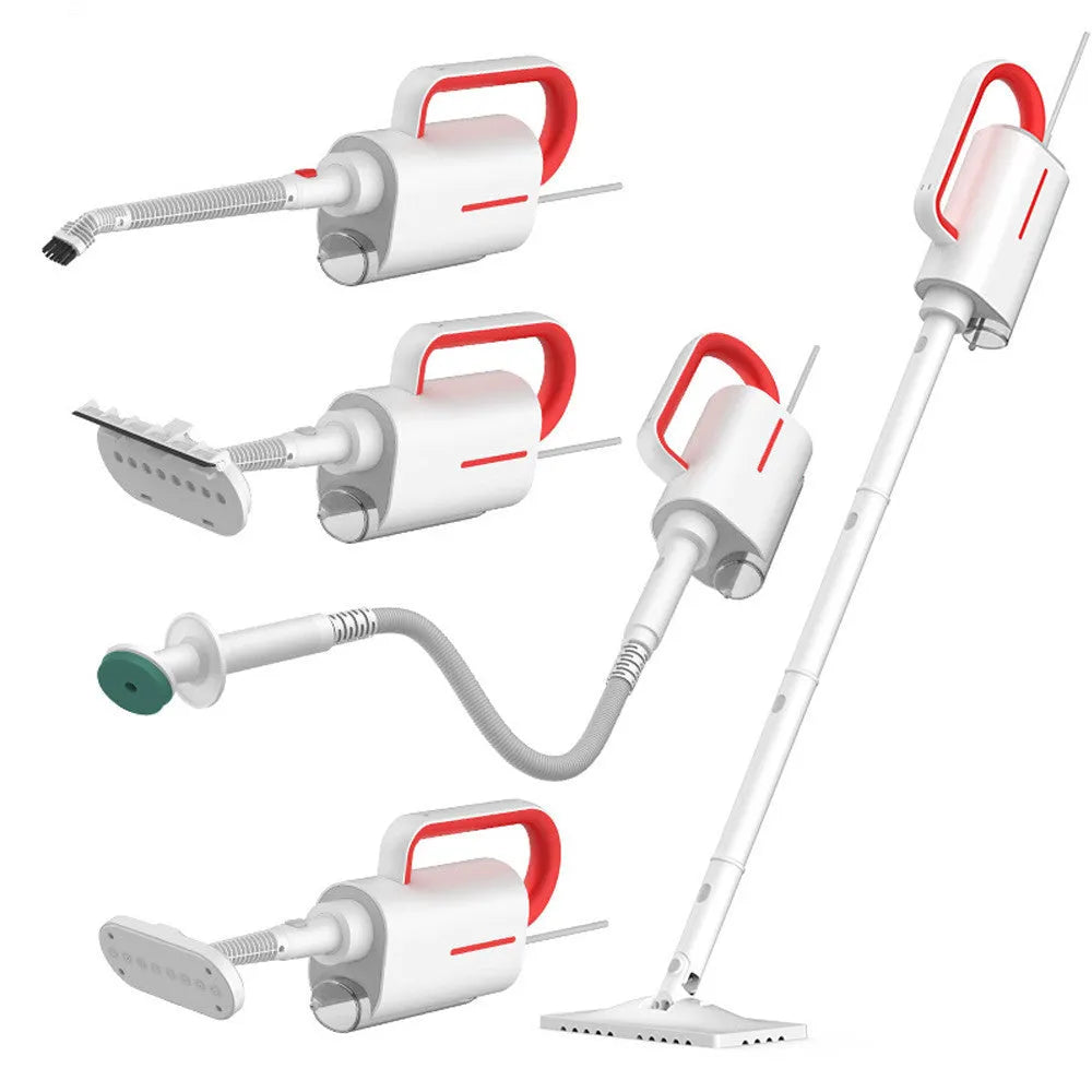 Deerma DEM-ZQ610 white steam cleaner main unit with brush heads and glass scraper attachments