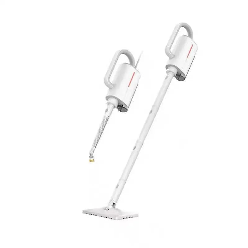 Deerma DEM-ZQ610 white steam cleaner main unit with brush heads and glass scraper attachments