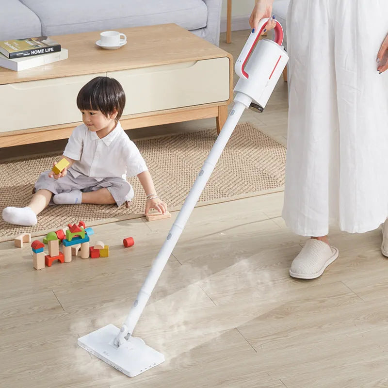 Deerma DEM-ZQ610 white steam cleaner main unit with brush heads and glass scraper attachments