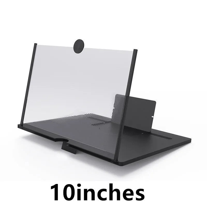 12-inch wood grain folding screen amplifier bracket shown open next to a tablet.