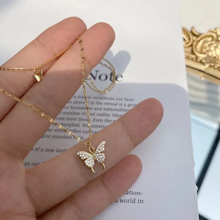Silver colour butterfly necklace with double layer clavicle chain and copper pendant