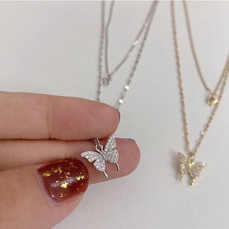 Silver colour butterfly necklace with double layer clavicle chain and copper pendant