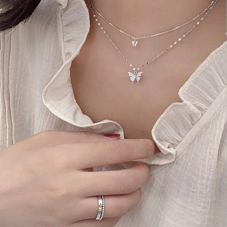 Silver colour butterfly necklace with double layer clavicle chain and copper pendant