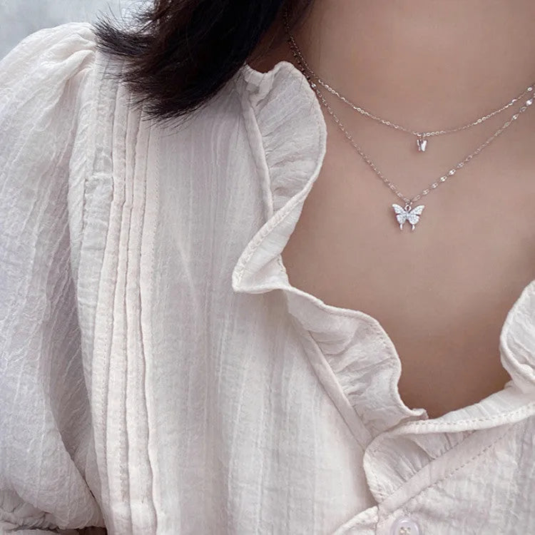 Silver colour butterfly necklace with double layer clavicle chain and copper pendant