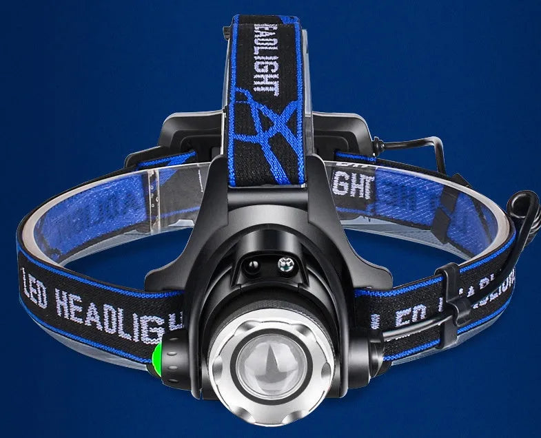 Black aluminum alloy LED sensor headlight with USB fast charge and hand pressure power generation, included batteries and cable.