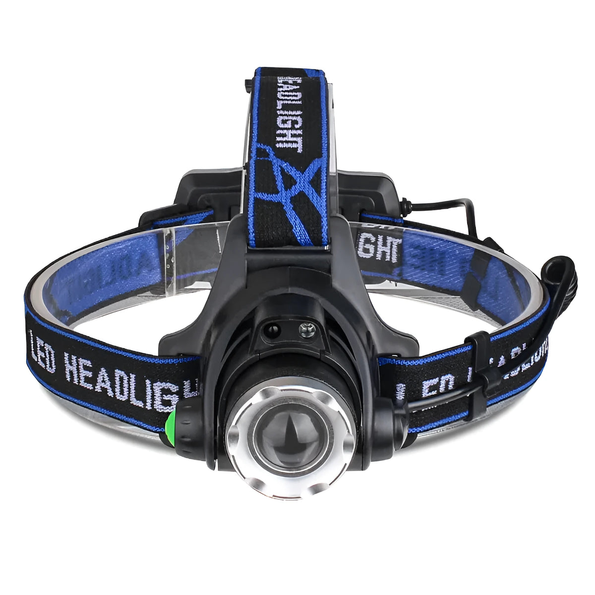 Black aluminum alloy LED sensor headlight with USB fast charge and hand pressure power generation, included batteries and cable.