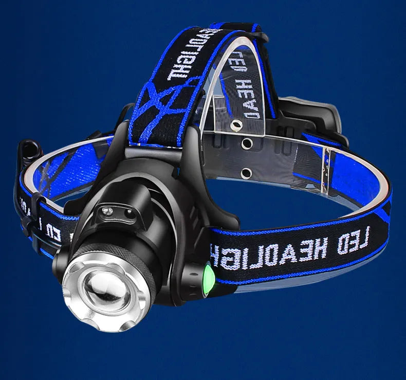 Black aluminum alloy LED sensor headlight with USB fast charge and hand pressure power generation, included batteries and cable.