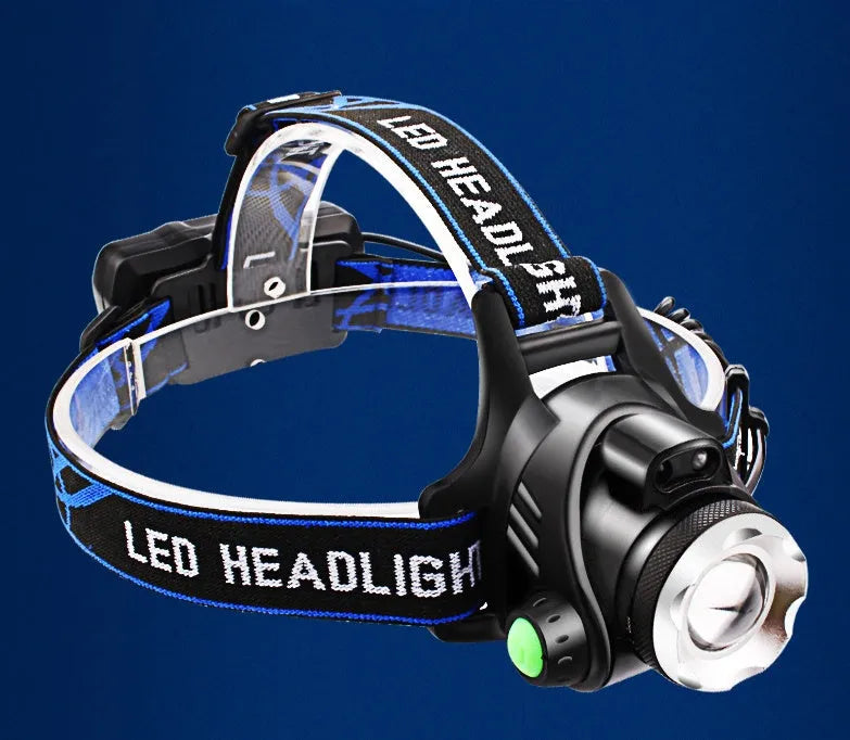 Black aluminum alloy LED sensor headlight with USB fast charge and hand pressure power generation, included batteries and cable.