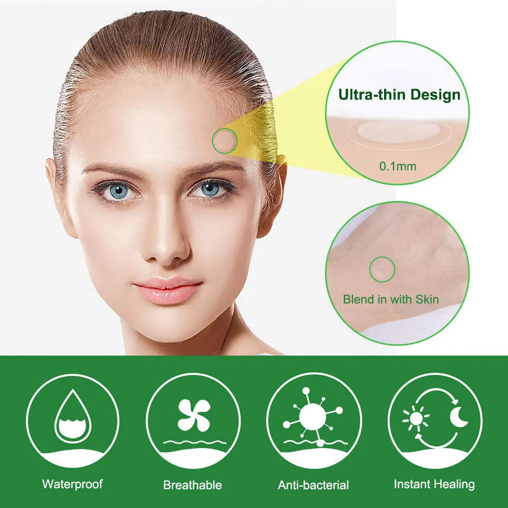 Green colloidal invisible acne patches on a 14*9cm sheet with 7mm, 10mm and 12mm spot covers