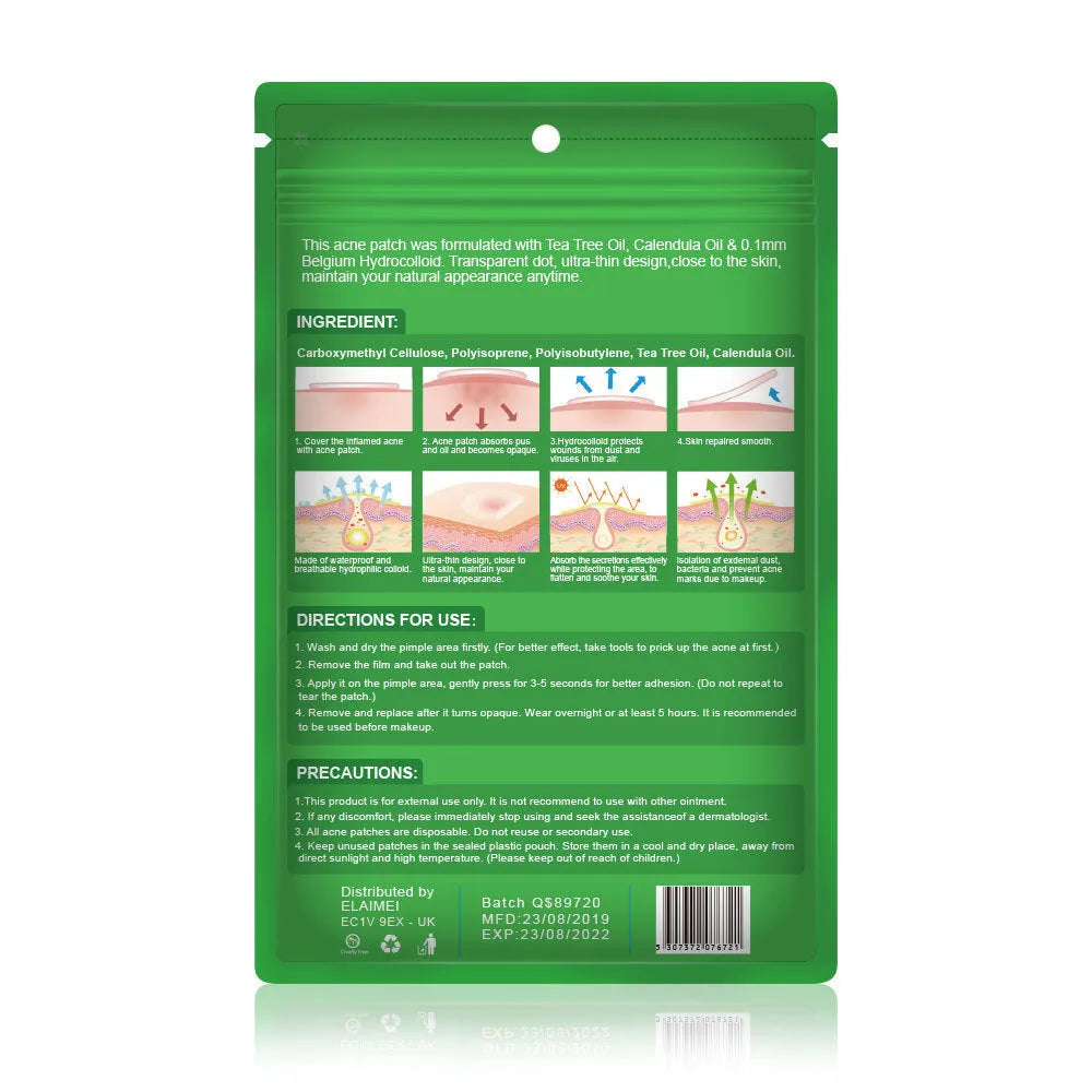 Green colloidal invisible acne patches on a 14*9cm sheet with 7mm, 10mm and 12mm spot covers