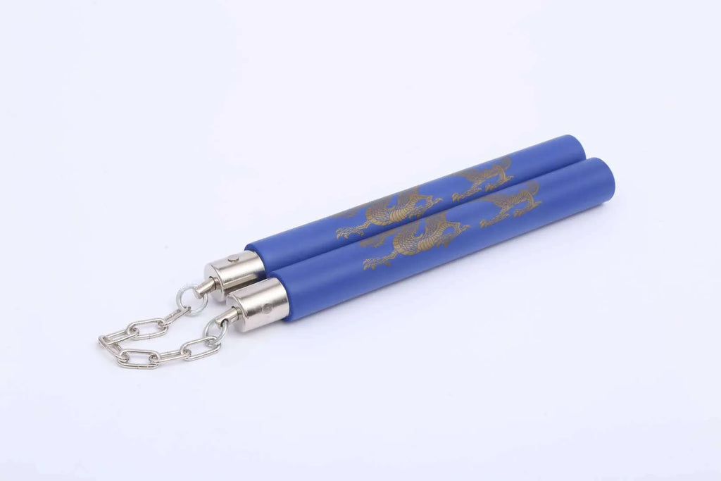 Red and blue foam-padded sponge nunchaku with a connecting chain, showing EVA sponge material on a grey background.