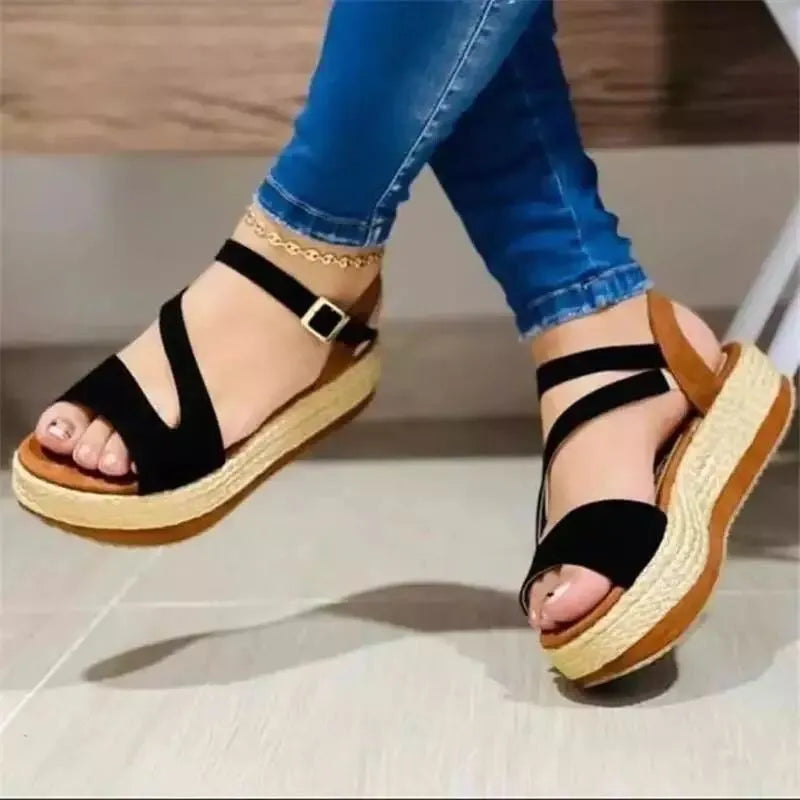 Women's platform sandals with hollow buckle, Roman style, round toe, white colour, PU upper