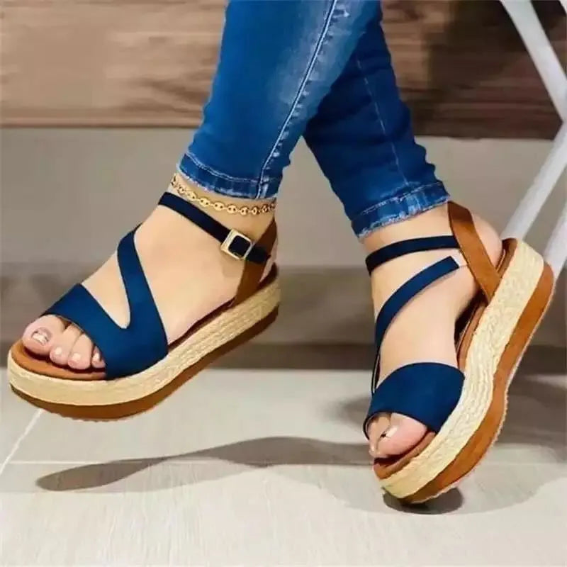 Women's platform sandals with hollow buckle, Roman style, round toe, white colour, PU upper
