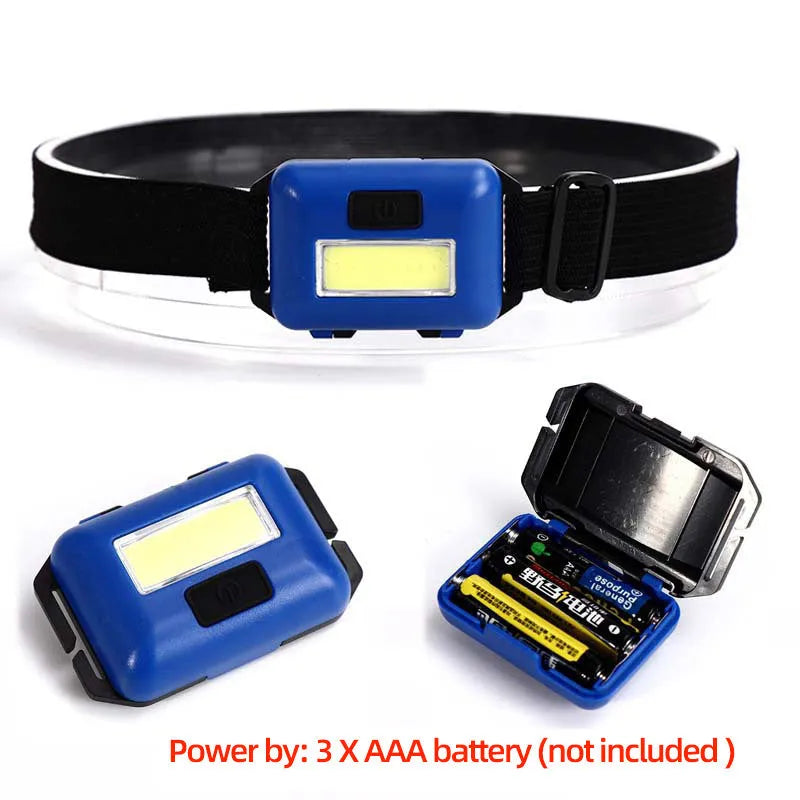 Compact black Mini COB LED headlight with adjustable polyester strap, showing 3W LED and mode button.