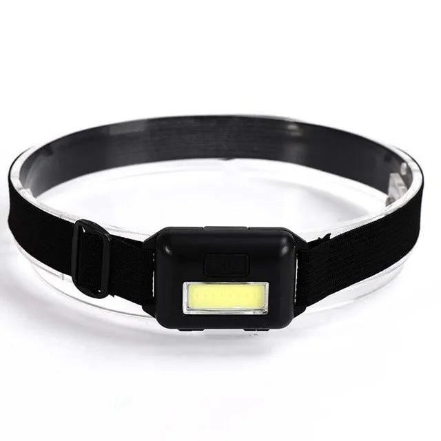 Compact black Mini COB LED headlight with adjustable polyester strap, showing 3W LED and mode button.