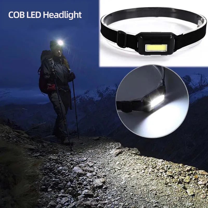 Compact black Mini COB LED headlight with adjustable polyester strap, showing 3W LED and mode button.