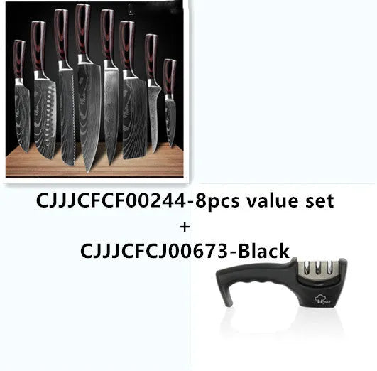 Carpenter's Special kitchen knife with laser Damascus pattern blade and coloured wood handle