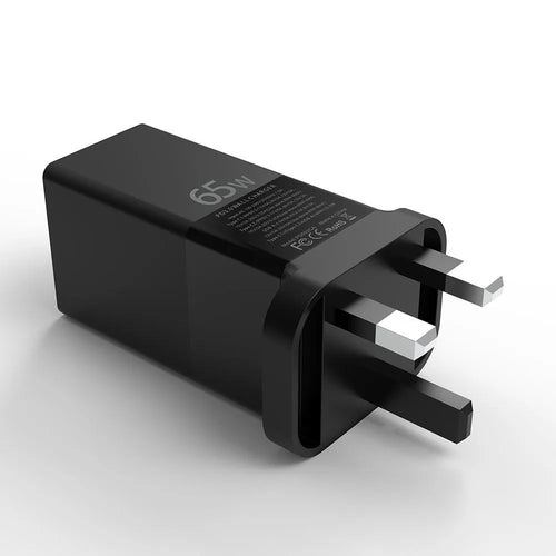 65W PD charger in black with dual Type-C and one USB port, UK plug variant
