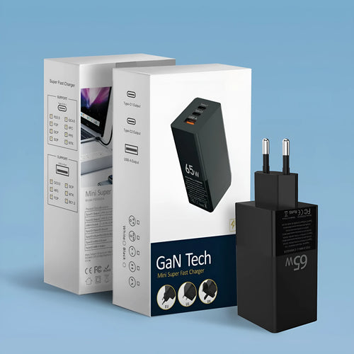 65W PD charger in black with dual Type-C and one USB port, UK plug variant