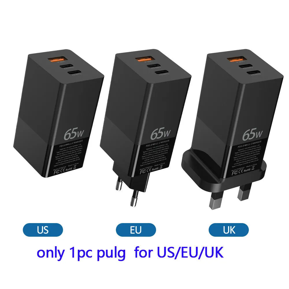 65W PD charger in black with dual Type-C and one USB port, UK plug variant