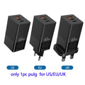 65W PD charger in black with dual Type-C and one USB port, UK plug variant