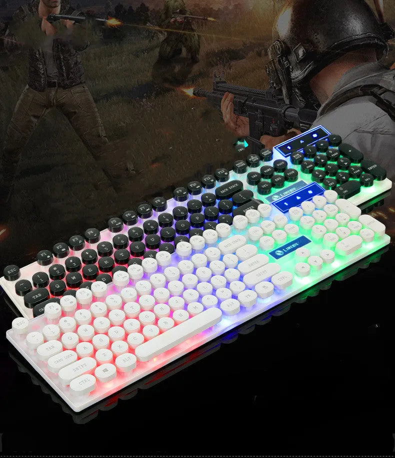 Limei Tx30 retro punk wired USB keyboard with rainbow backlight and round key caps on a desk
