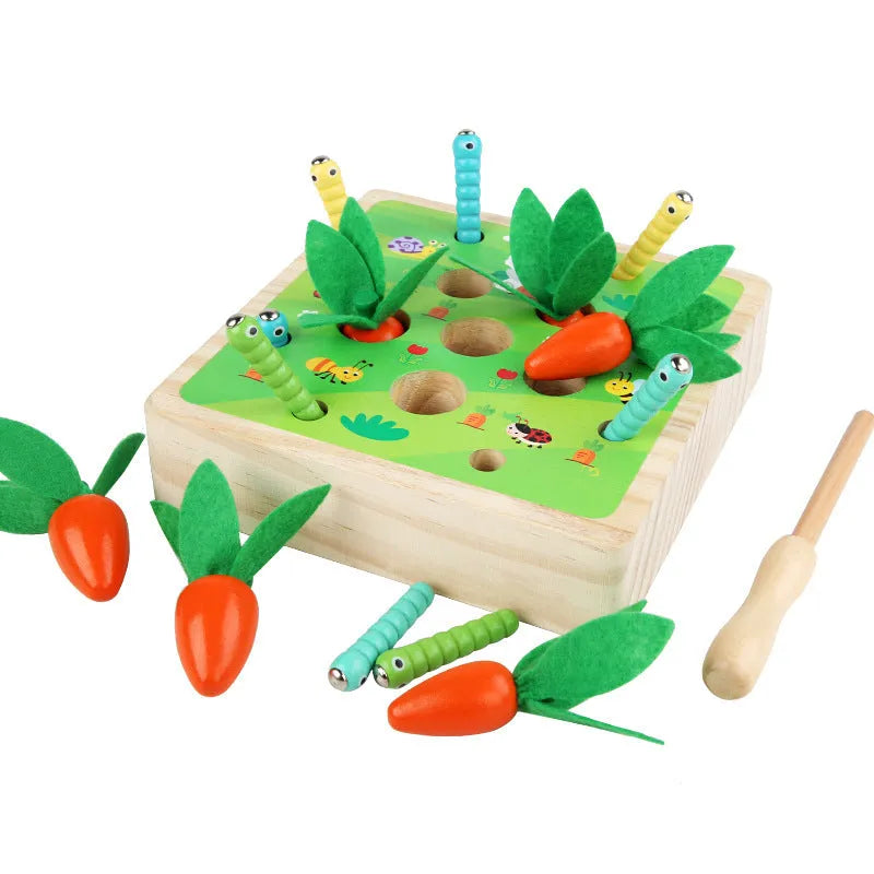 Wooden pull carrot puzzle game children's early education toy with wooden blocks in a colour box, 1 set