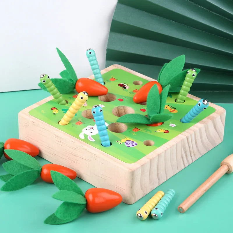 Wooden pull carrot puzzle game children's early education toy with wooden blocks in a colour box, 1 set