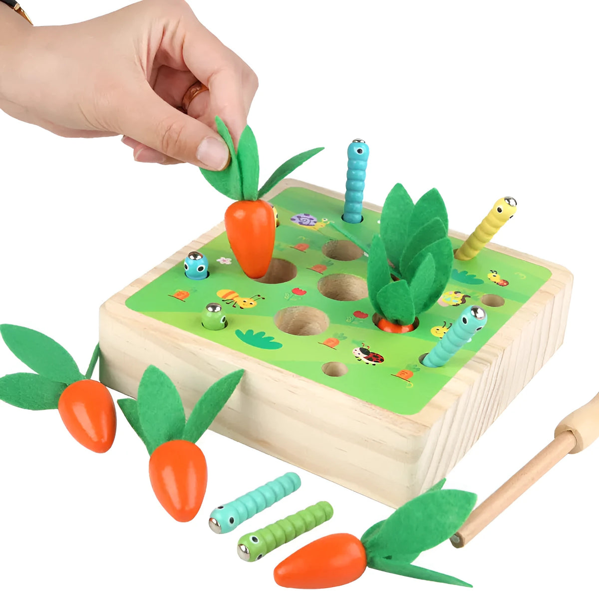Wooden pull carrot puzzle game children's early education toy with wooden blocks in a colour box, 1 set