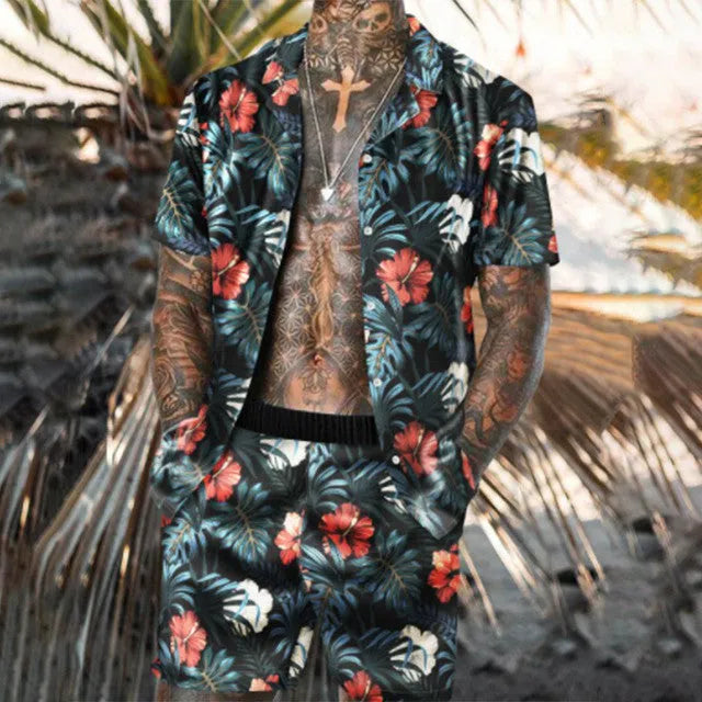 Men's floral shirt and straight-cut cropped trouser two piece set in polyester, shown in one of ten available styles