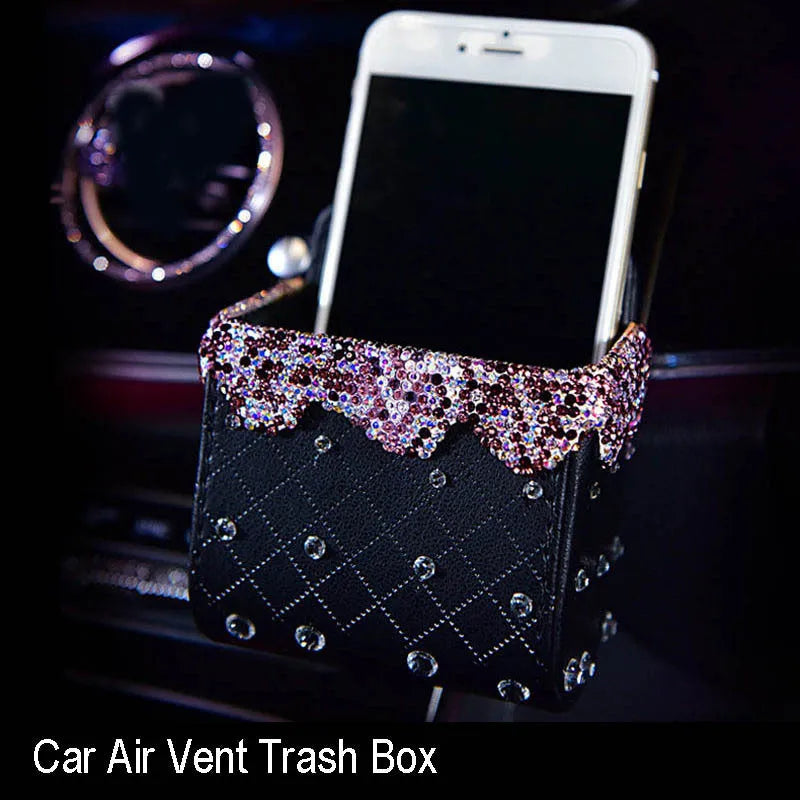 Round crystal diamond car aromatherapy pendant in purple swan style hanging from rearview mirror