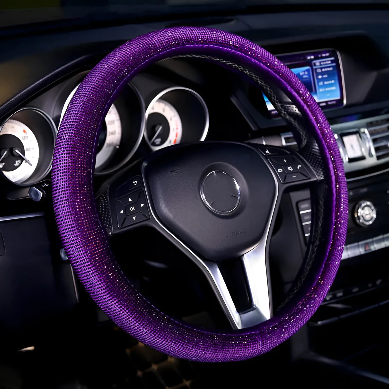 Round crystal diamond car aromatherapy pendant in purple swan style hanging from rearview mirror