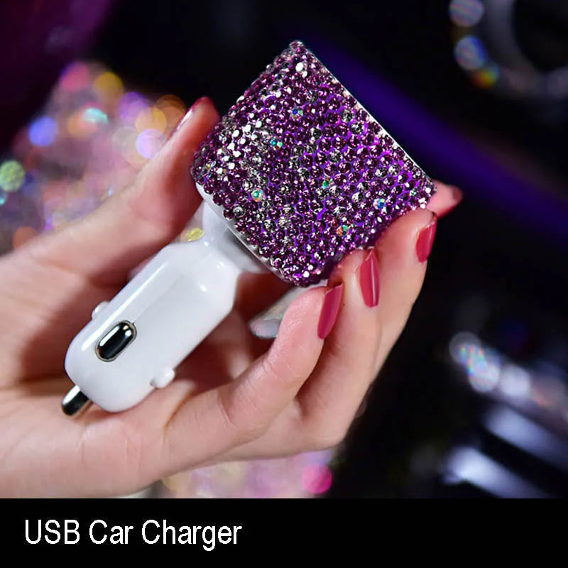 Round crystal diamond car aromatherapy pendant in purple swan style hanging from rearview mirror