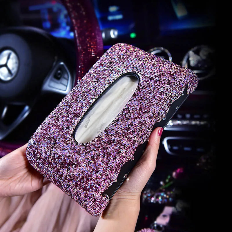 Round crystal diamond car aromatherapy pendant in purple swan style hanging from rearview mirror