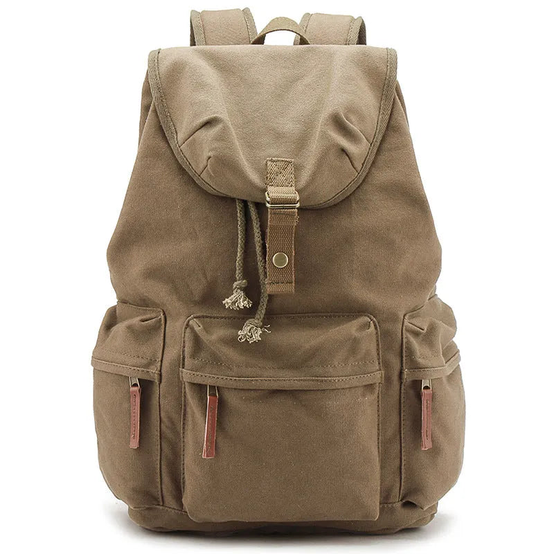 Canvas shoulder camera bag in grey or khaki with cover opening, soft handle, and included rain cover