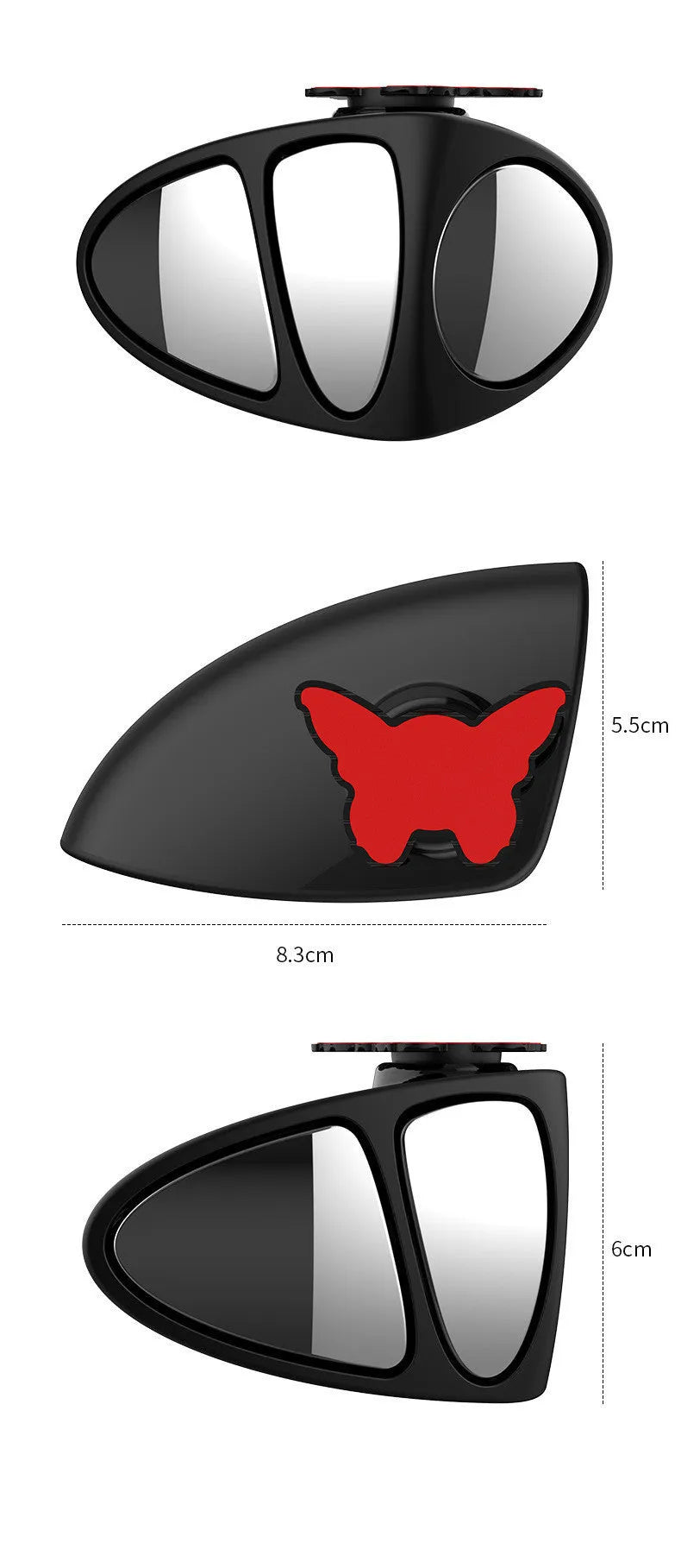 Car blind spot mirror with HD glass, multi-faceted vision, Black or White, Left or Right options