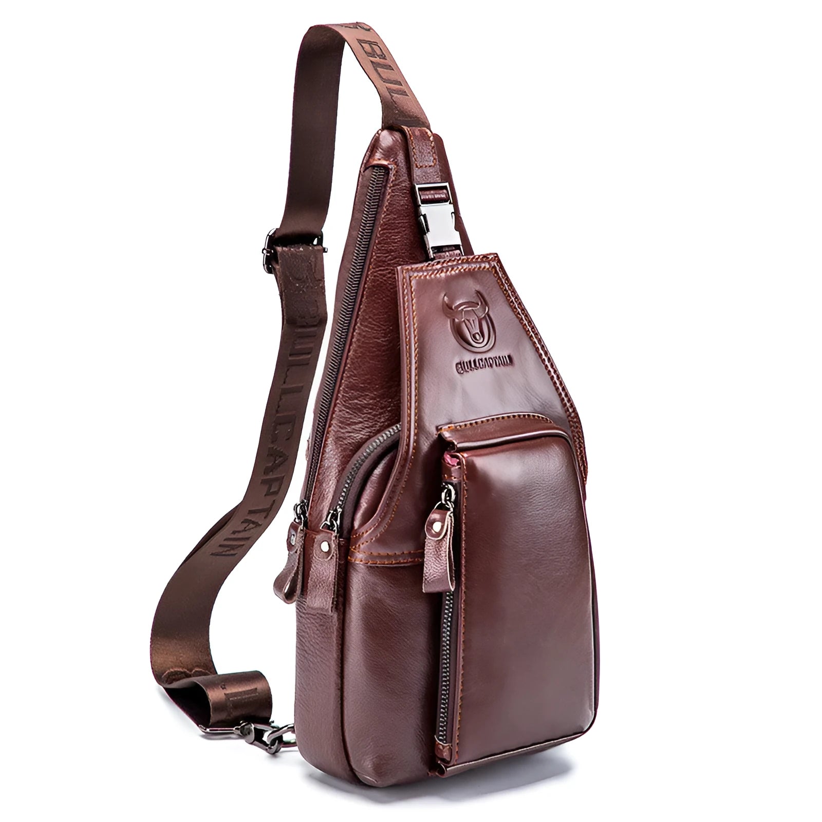 Men's first-layer cowhide leather chest bag in medium square vertical section – black colour with zipper closure