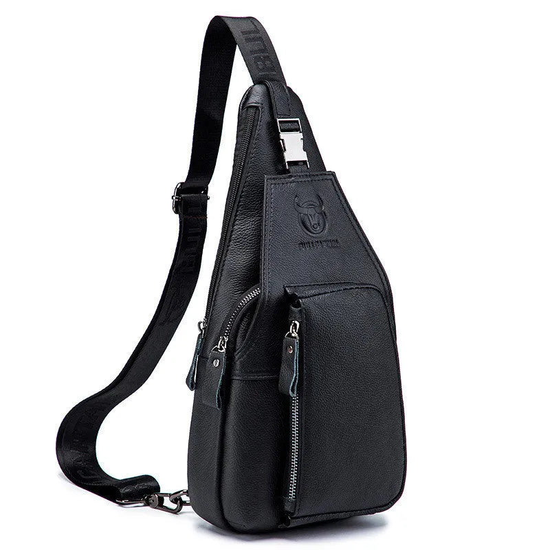 Men's first-layer cowhide leather chest bag in medium square vertical section – black colour with zipper closure