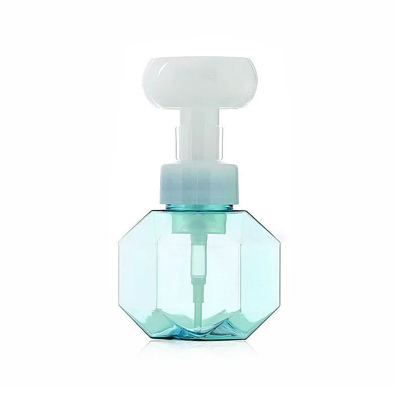 Empty plastic foaming bottle with pump spray top in blue, green, pink and yellow colour options.