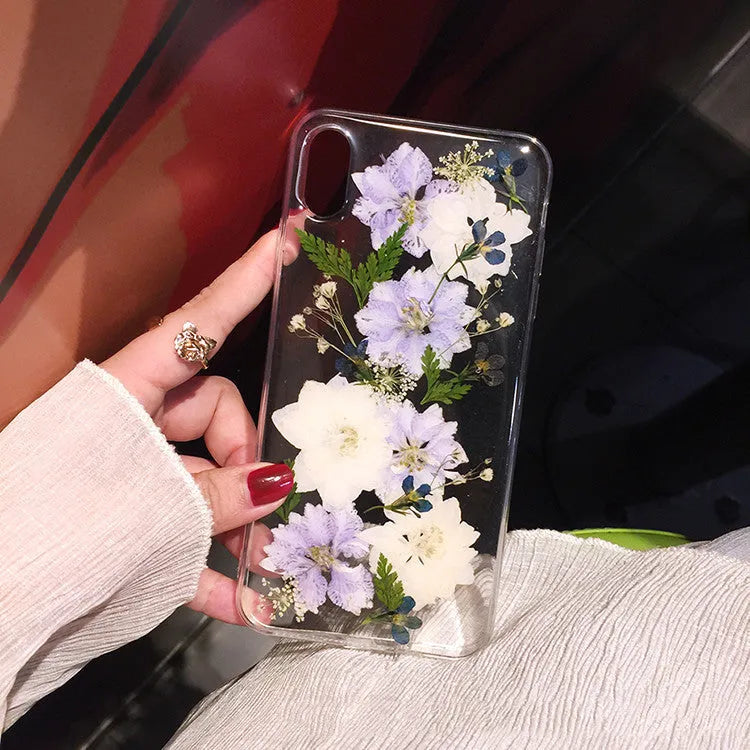 Soft blue and purple dried flower basket design TPU case for iPhone mobile phones