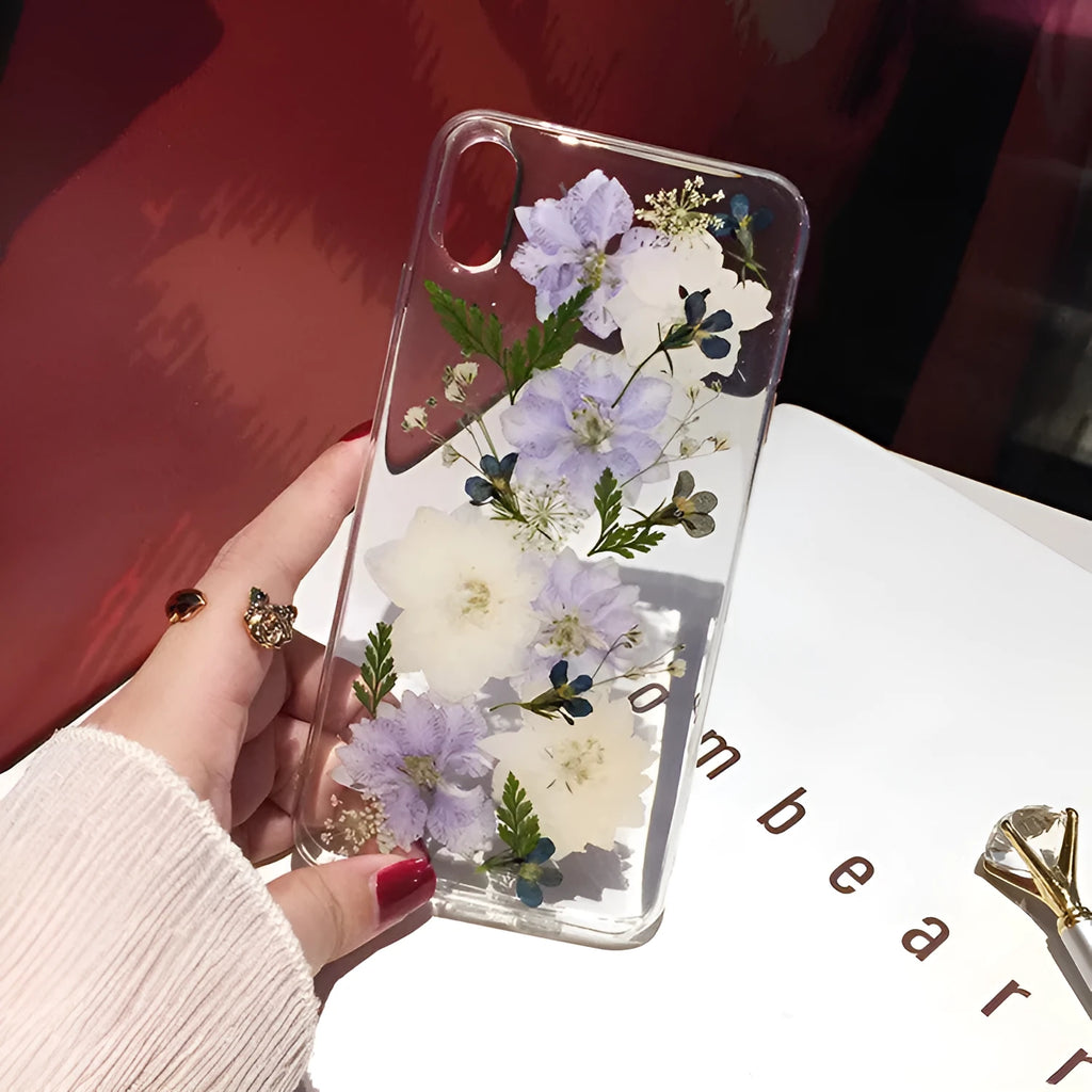 Soft blue and purple dried flower basket design TPU case for iPhone mobile phones
