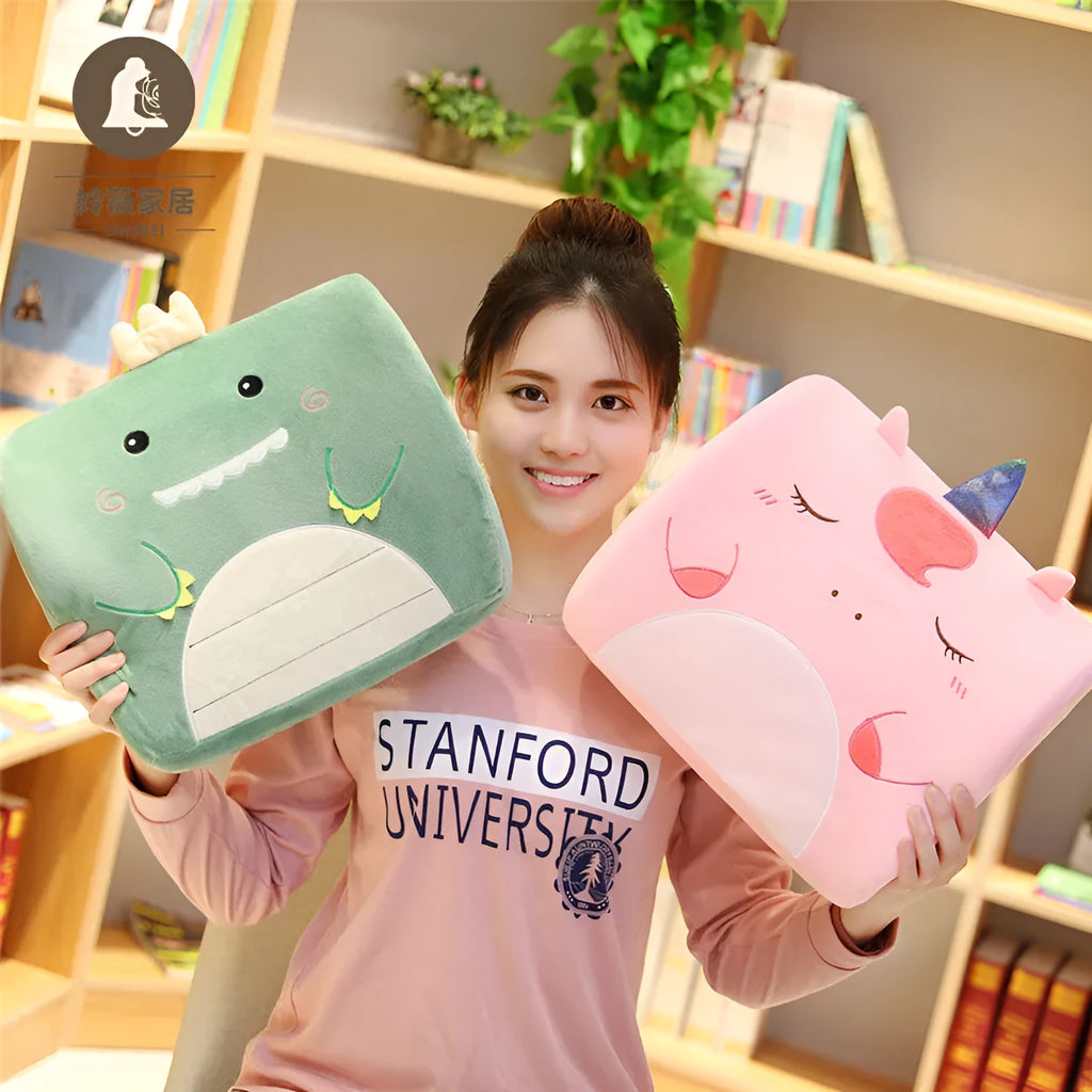 Cartoon embroidered memory foam cushion for car seat, showing removable inner core and soft polyester fill.