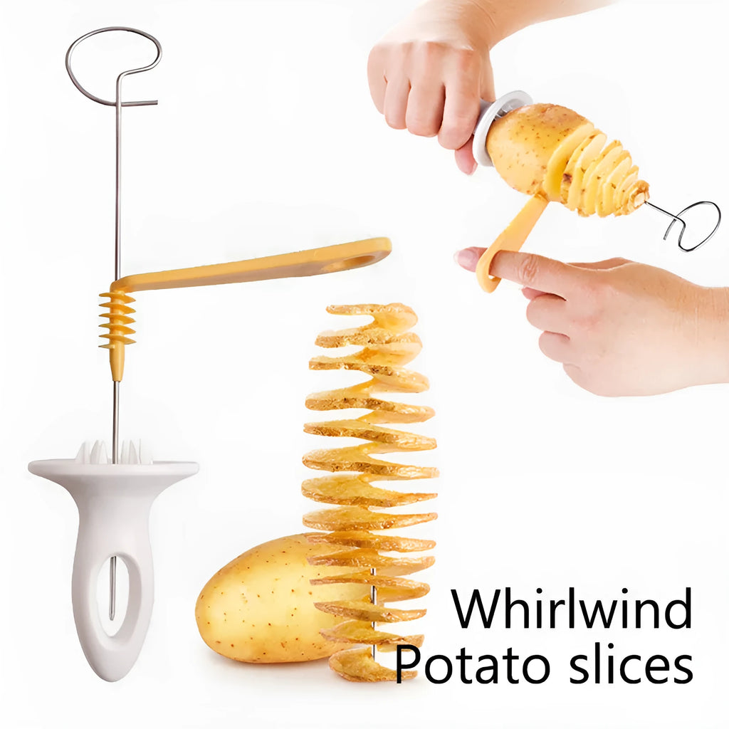 Potato cutter slicer with stainless steel blade and ABS resin handle, 11x4cm, cutting a potato into chips