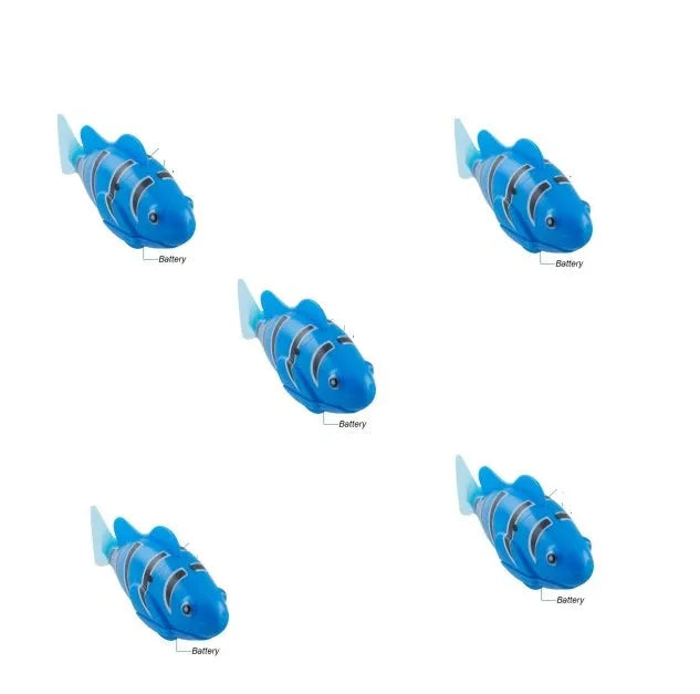 Set of four plastic electronic pet fish toys in red orange pink blue, 8cm, for bath or tank