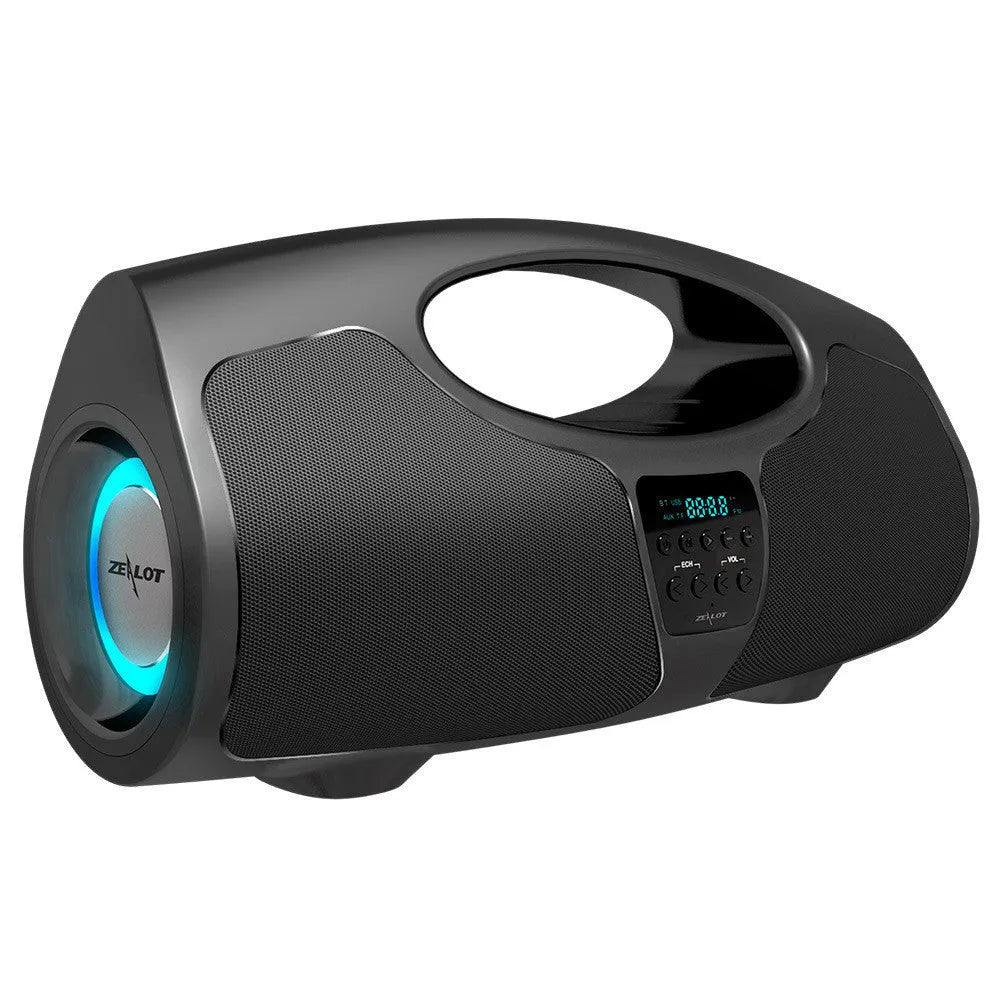 Black portable Bluetooth speaker with wired microphone for outdoor audio and square dance gatherings