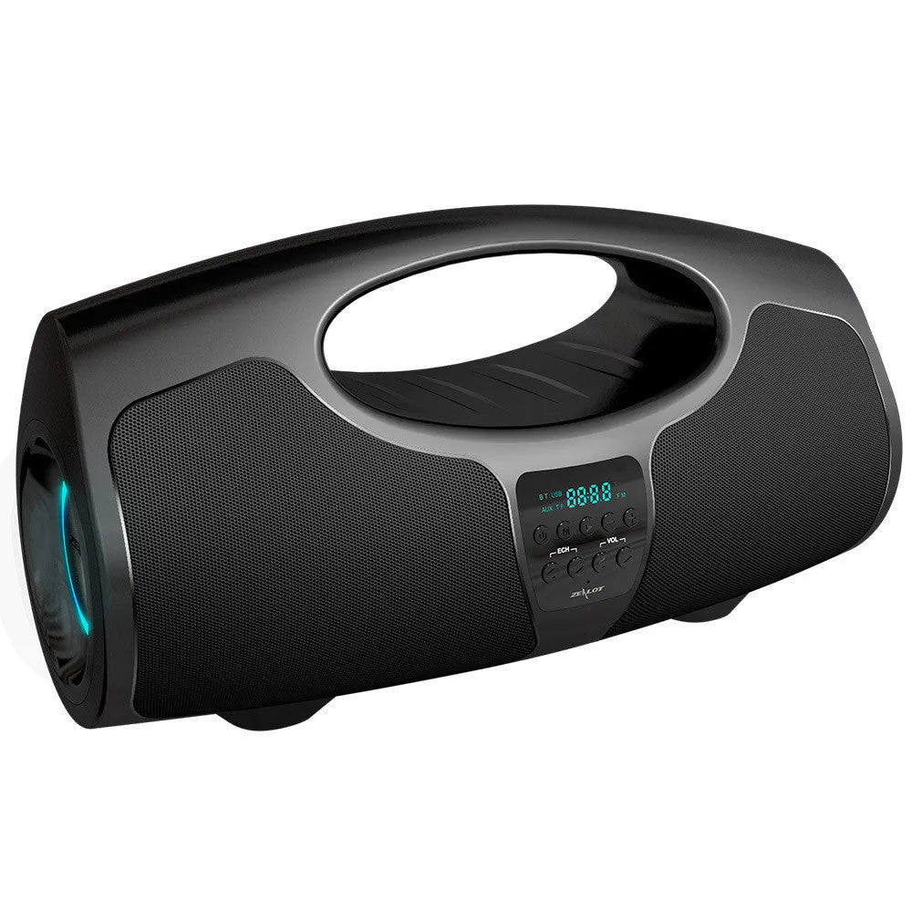 Black portable Bluetooth speaker with wired microphone for outdoor audio and square dance gatherings