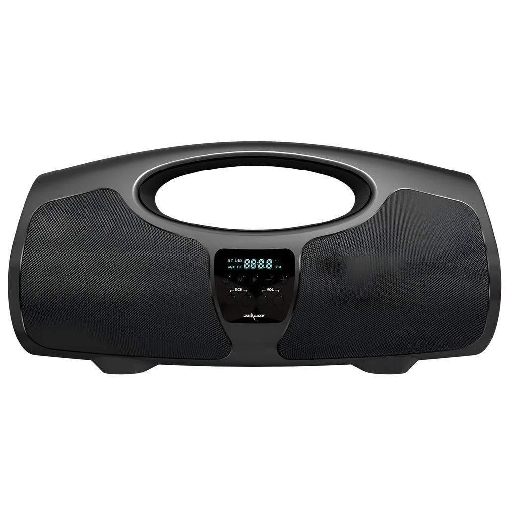 Black portable Bluetooth speaker with wired microphone for outdoor audio and square dance gatherings